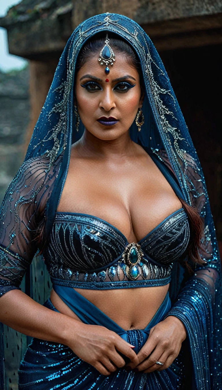 Looks like Nayanthara, full body Closeup shot, Big chubby aunty, milf, cougar lady witch, horny Gothic milf,  70 years old gorgeous mature lady, pervert demoness, demoness of lust, curvy, black lips, horny face, extremely gorgeous, thick figure, heavy physique, voluptuous, curvy, sexy figure, Fashionable portrait of androgynous alien looking witch wearing veil, glowing eyes, futuristic design, minimal details, givenchy, photoreal, 200mm, hd, f/ 2.0, highly detailed, surreal, sexy beautiful evil woman, sexy bold sequin Saree with strapless Bra, chudail, Pishachini, horror genre, blood-thirsty enchantress, powerful female spirit, eerie, drop dead, in the style of red and blue, (intricate details, hyperdetailed:1.15) (skin texture:1.2), dark Moody tone, cinematic lighting, haunted place in background, 