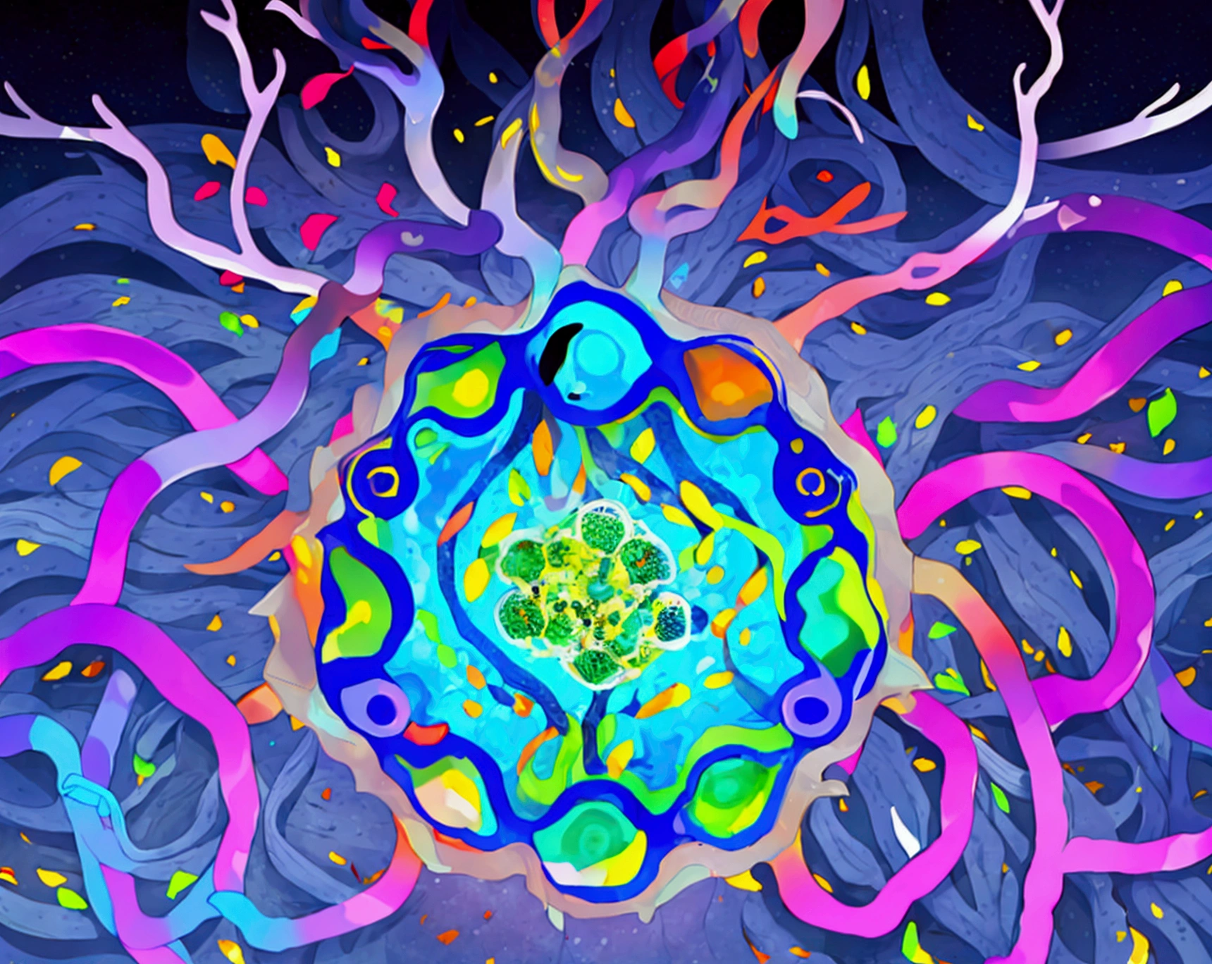 A very detailed illustration of a neurons synapse with membrane of the sender synapse and the receiver neuron both visible, with the space between filled with glowing colorful neurotransmitters molecules floating about. Abstract infographic design, simplified shapes, teaching material 