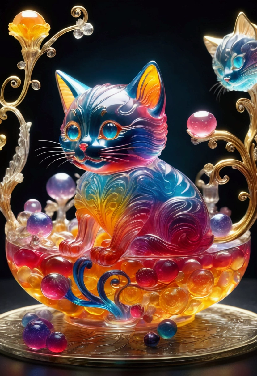 Cat formed from jelly, fantasy elements (((masterpiece))), ((best quality)), ((intricate details)) (8k)