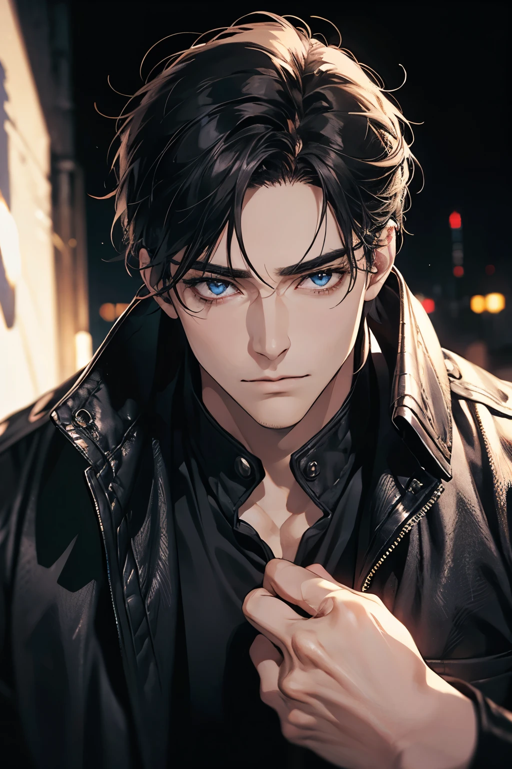 (Best Quality,4k,8k,high resolution,Masterpiece:1.2),ultra detailed,(realist,photorealist,photo-realist:1.37),1 man,31 years,mature man,muscular,square jaw,very handsome,without expresion,short gray black hair,hairstyle,Blue eyes,glare,perfect face without mistakes,imposing posture,collar jacket,leather jacket,dark background,cinematic lighting,imagen HDR