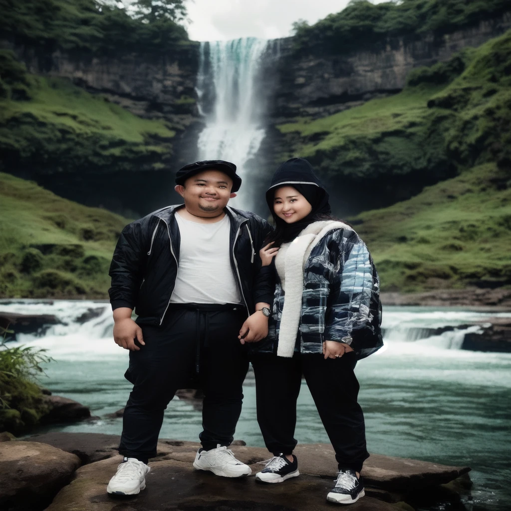arafed couple standing on a rock in front of a waterfall, standing near a waterfall, waterfalls in the background, standing in front of a waterfall, with a waterfalls, mid shot portrait, by Basuki Abdullah, waterfall in the background, next to a waterfall, standing in a waterfall, couple portrait, couple, waterfall backdrop, with waterfalls, full protrait