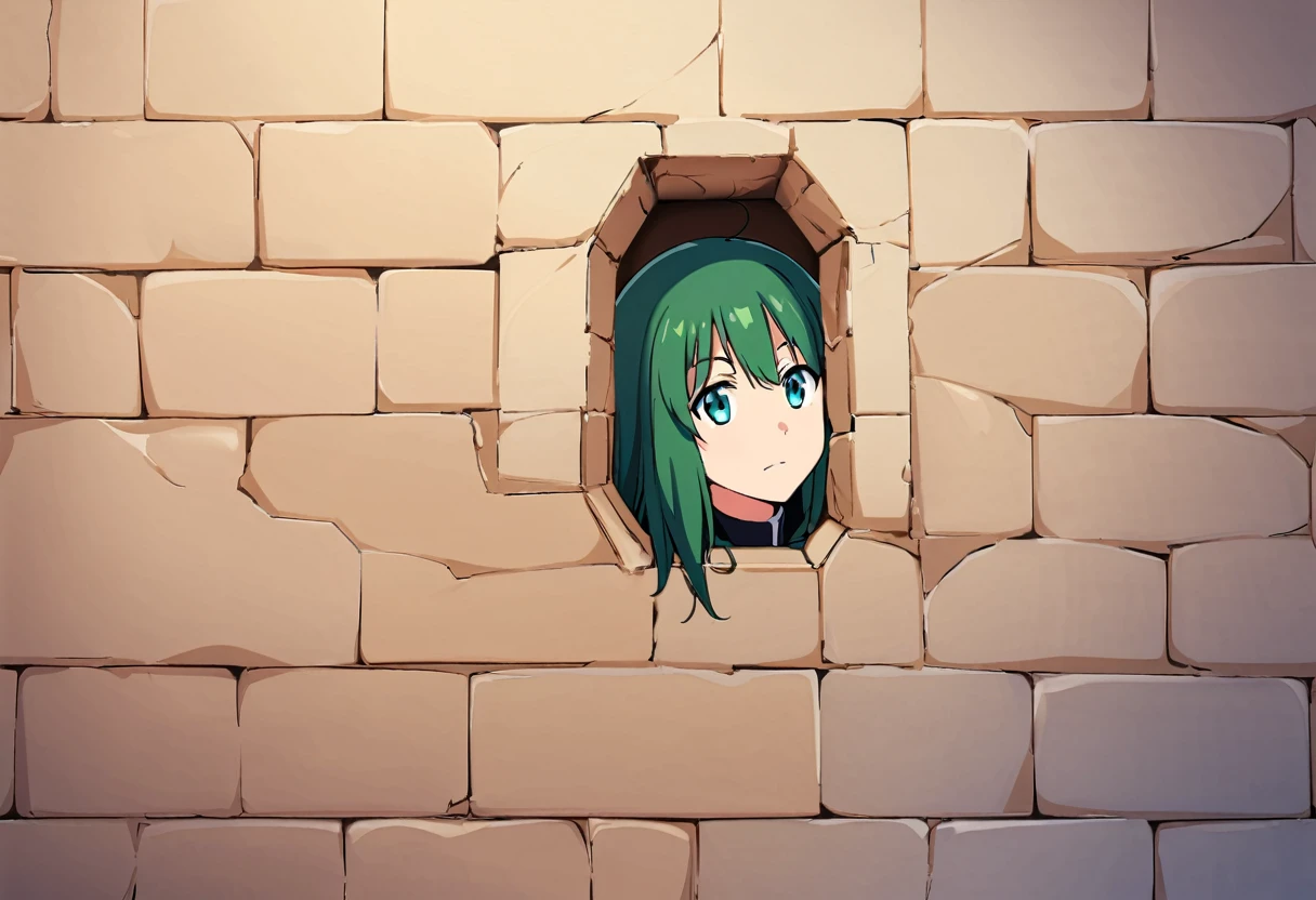 fubuki, green hair,glory wall,stuck in wall,half of body is visible, stomach, arms,head,body sticks out of wall