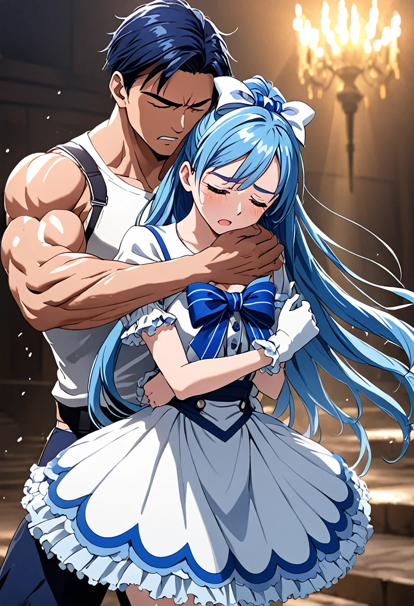 (Suffering from being held by a muscular man:1.5)、Cure White,hair ribbon,Chest ribbon, mini skirt, white choker, thigh straps, elbow gloves, detailed hair and outfit, long flowing blue hair, white and blue frilly dress, white gloves and boots, blushing, feeling pain, suffering from arm being bitten by enemy, dynamic and intense scene, background with sound waves, eyes closed, masterpiece, best quality, highly detailed background, perfect lighting, (beautiful, best quality: 1.1), masterpiece, perfect eyes, (beautiful), (erotic: 1.2)