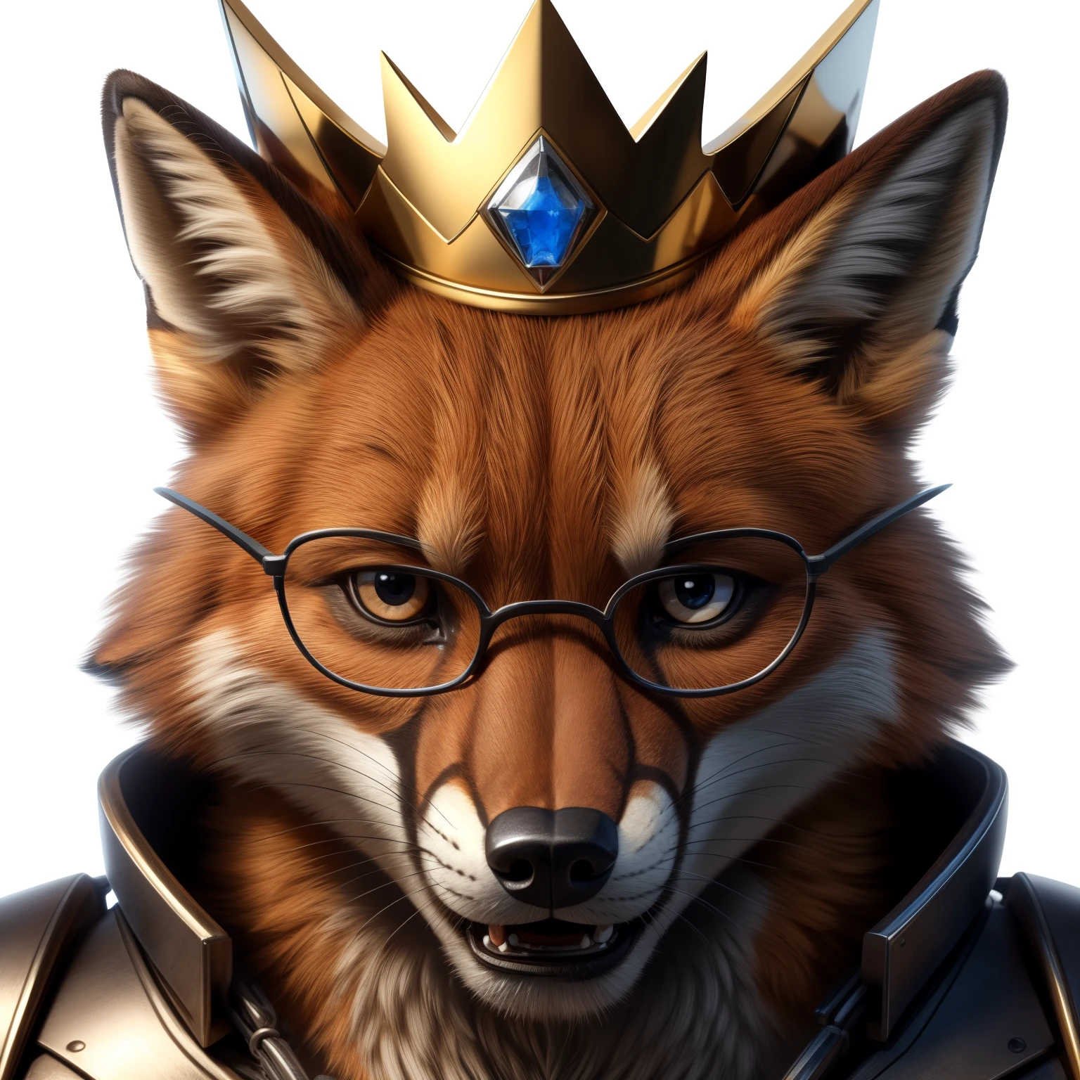 Red fox, 30 year old man, metal armor, White background, wearing a golden crown, Wearing glasses, head focus, looking at viwer, face photo, facing the camera, ((open mouth, talking))