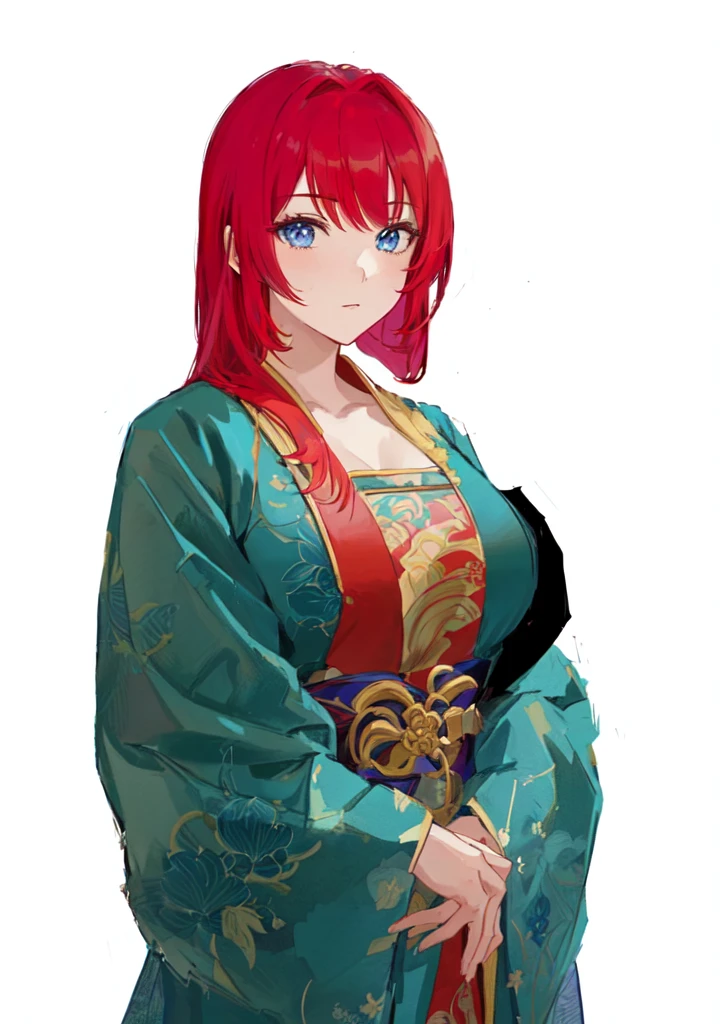 A red-haired man in a blue robe, Produced in collaboration with Anime Painter Studio, In the anime painter studio, April Rendering, A rendering of Mirabelle Madrigal, Erza Scarlet as a real person, Anime woman, She has red hair, female anime character, Demon Slayer Rui Fan Art, ((Wearing noble robes)), Wearing Kimono，Blue Eyes，huge ，sex body，big boods，Hanfu，Chinese style，Serious expression，Three Kingdoms，Dynasty Warriors，Silk clothes，Huge Breasts，Blue Eyes