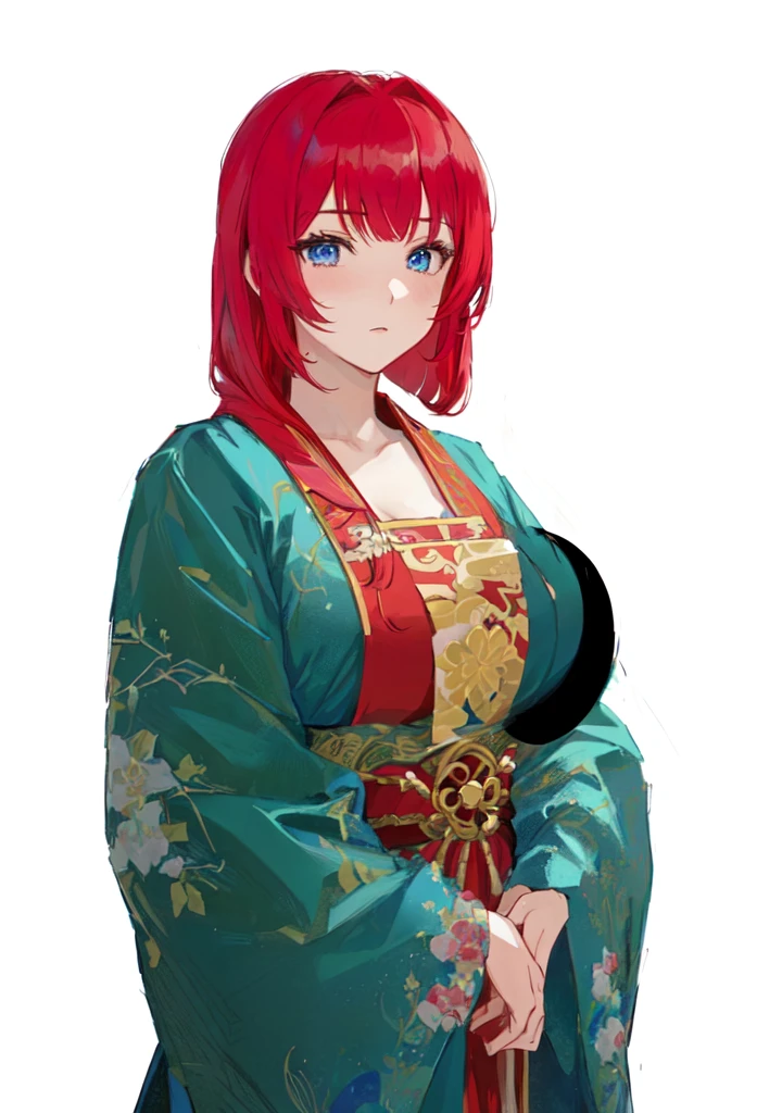 A red-haired man in a blue robe, Produced in collaboration with Anime Painter Studio, In the anime painter studio, April Rendering, A rendering of Mirabelle Madrigal, Erza Scarlet as a real person, Anime woman, She has red hair, female anime character, Demon Slayer Rui Fan Art, ((Wearing noble robes)), Wearing Kimono，Blue Eyes，huge ，sex body，big boods，Hanfu，Chinese style，Serious expression，Three Kingdoms，Dynasty Warriors，Silk clothes，Huge Breasts，Blue Eyes
