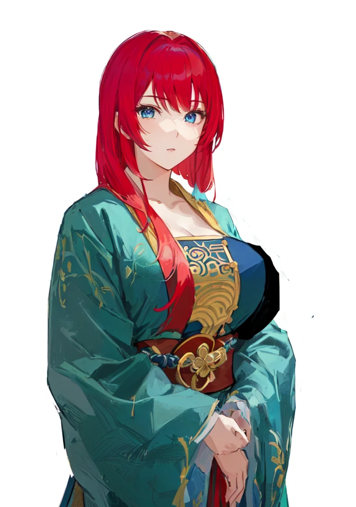 A red-haired man in a blue robe, Produced in collaboration with Anime Painter Studio, In the anime painter studio, April Rendering, A rendering of Mirabelle Madrigal, Erza Scarlet as a real person, Anime woman, She has red hair, female anime character, Demon Slayer Rui Fan Art, ((Wearing noble robes)), Wearing Kimono，Blue Eyes，huge ，sex body，big boods，Hanfu，Chinese style，Serious expression，Three Kingdoms，Dynasty Warriors，Silk clothes，Huge Breasts，Blue Eyes