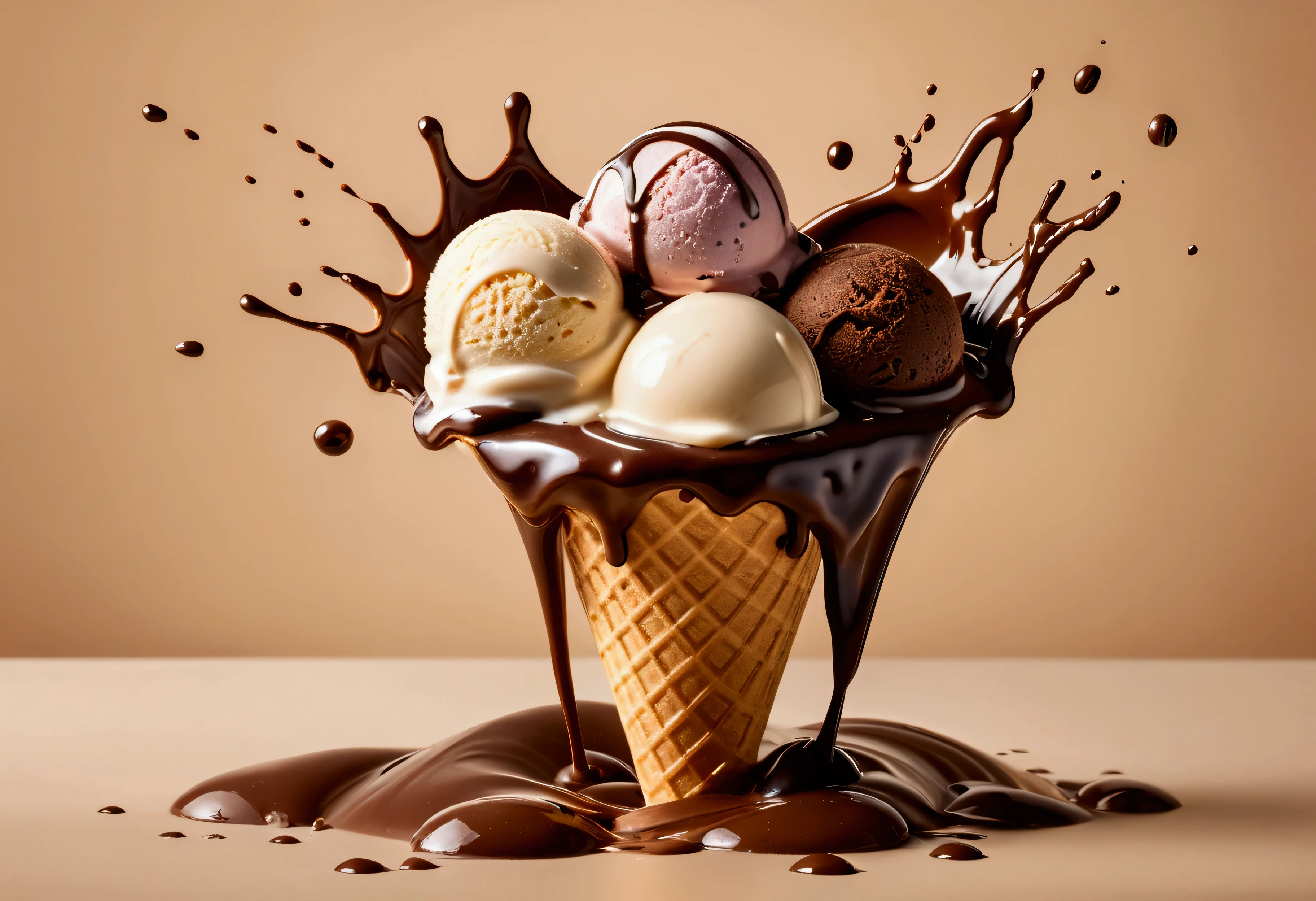 a picture of an ice cream, yogurt and chocolate splashing in the elegant cream color background like in a commercial, everything in focus