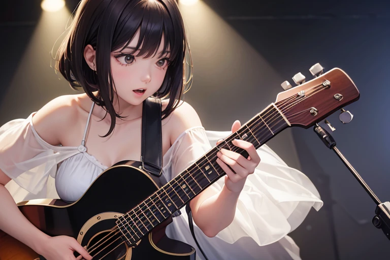 (Highest quality,8k,High resolution,masterpiece:1.2),((masterpiece,Highest quality)), 非常に詳細なHigh resolution, A girl in her fifties singing into a microphone while playing the guitar, Perform on stage, vocalist, Live Performance, Shot with Canon EOS 5D Mark IV, Singer-songwriter, Playing guitar on stage, Woman Playing Guitar, Gombi, Photo taken with Nikon D750, Girl playing guitar, musician