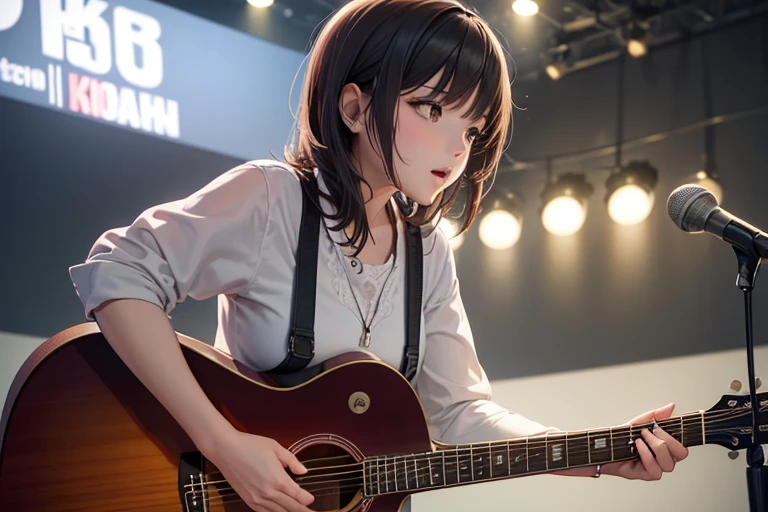 (Highest quality,8k,High resolution,masterpiece:1.2),((masterpiece,Highest quality)), 非常に詳細なHigh resolution, A girl in her fifties singing into a microphone while playing the guitar, Perform on stage, vocalist, Live Performance, Shot with Canon EOS 5D Mark IV, Singer-songwriter, Playing guitar on stage, Woman Playing Guitar, Gombi, Photo taken with Nikon D750, Girl playing guitar, musician