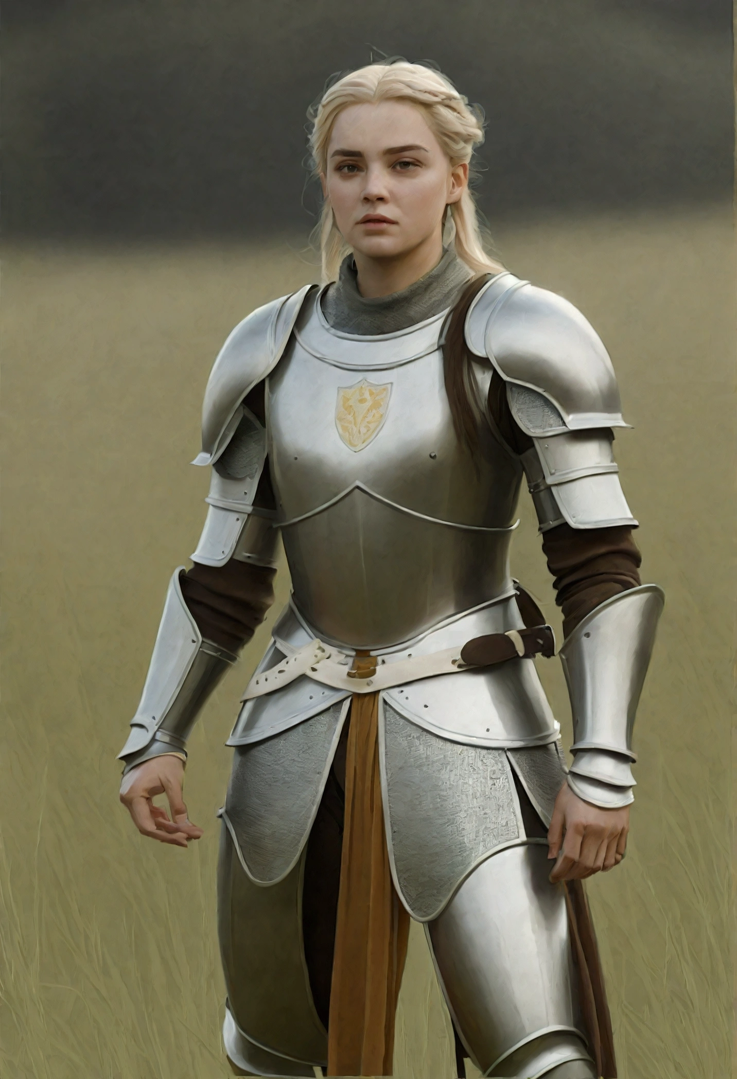 In a green meadow stands a girl leading a group of knights.
BREAK
With a brave expression, she guides them towards their destination.
BREAK
Behind her, a green forest stretches out and beyond that, mountains rise in the distance.
BREAK
The most suitable effect for this scene would be a watercolor painting technique to capture the softness of the meadow and the fluidity of the movement.