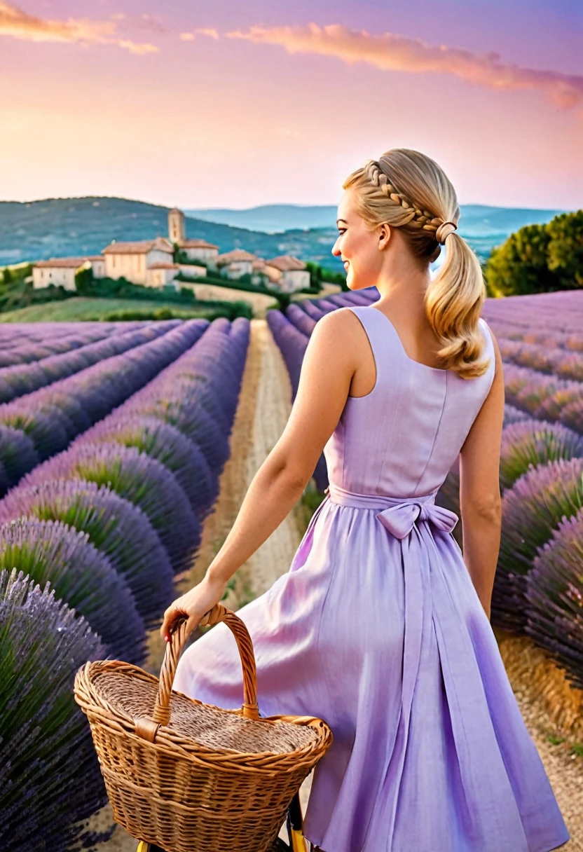 
Sun-kissed fields of lavender and golden wheat stretch towards the horizon as the sun dips below the rolling hills of Southern France. In a quaint small town, circa 1960s, two radiant 18-year-old blonde girls, their tresses tied in matching ponytails, sit astride vintage bicycles adorned with intricately woven baskets. Wearing light pastel summer dresses that catch the soft evening glow, they share a laugh and a glance, suspended in time as the warm sunset hues of Provence paint the sky.
