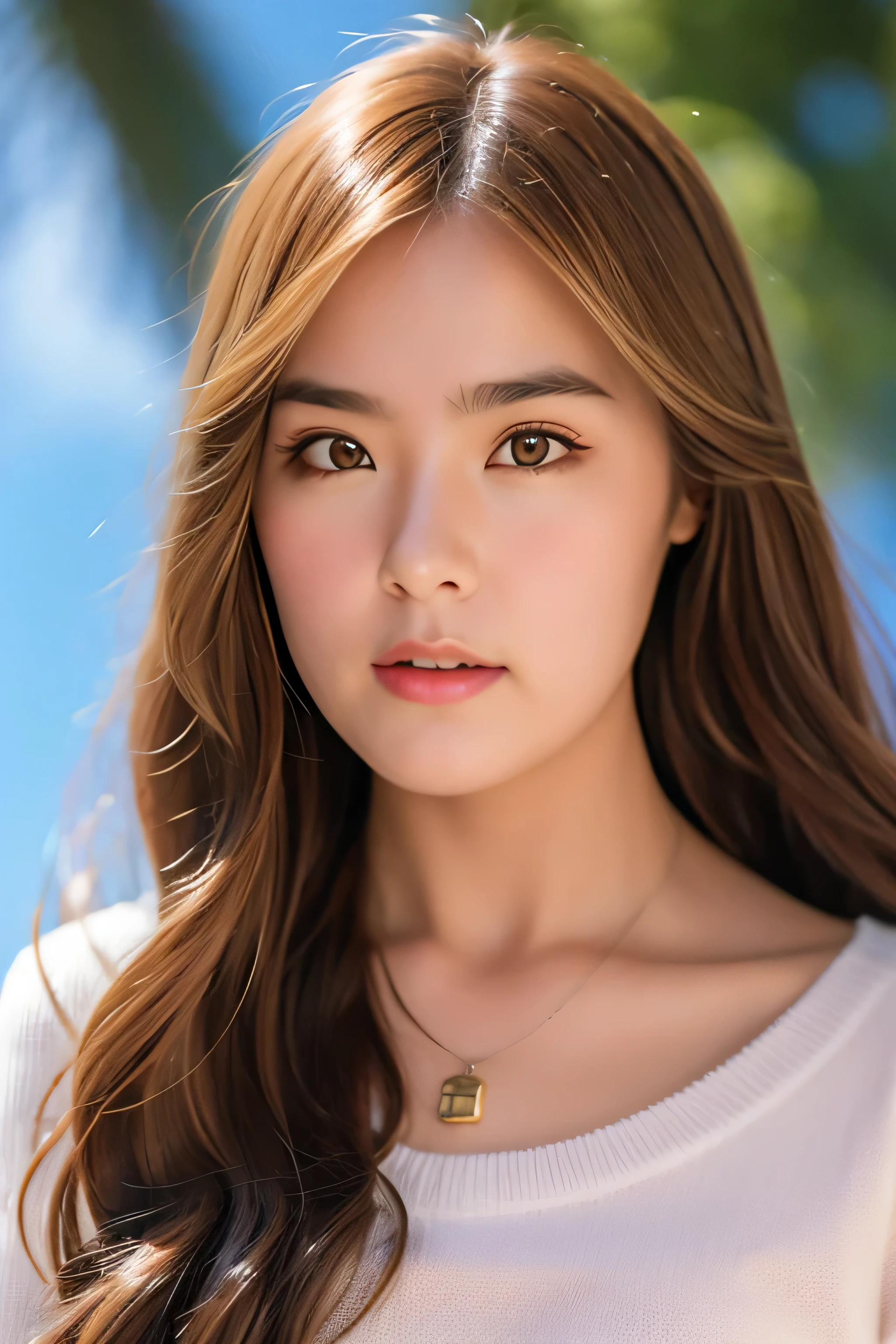 8k, masterpiece, original photo, best quality, Reality, Extremely detailed CG Unity 8K wallpaper, Depth of Field, Movie Lighting, lens flare, Ray Tracing, (Extremely beautiful face, Beautiful lips, beautiful eyes), Intricately detailed face, ((Ultra-delicate skin), Beautiful 1 girl best quality photos， Ultra-high resolution， （Realistically：1.4），Cute hairpin，1 girl，Red long hair,Cropped sweater ，Beautiful slim woman:1.4, on the island,Super thin face，Exquisite eyes，double eyelids，Necklace