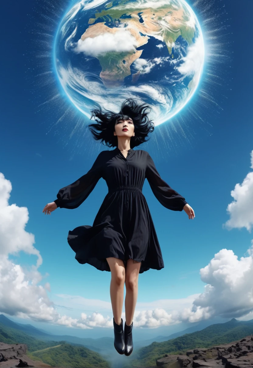 Short woman with giant black hair floating above the earth, 8k, psychedelia, rain of angels falling from the sky, black goats running, cinematographic, 真实感