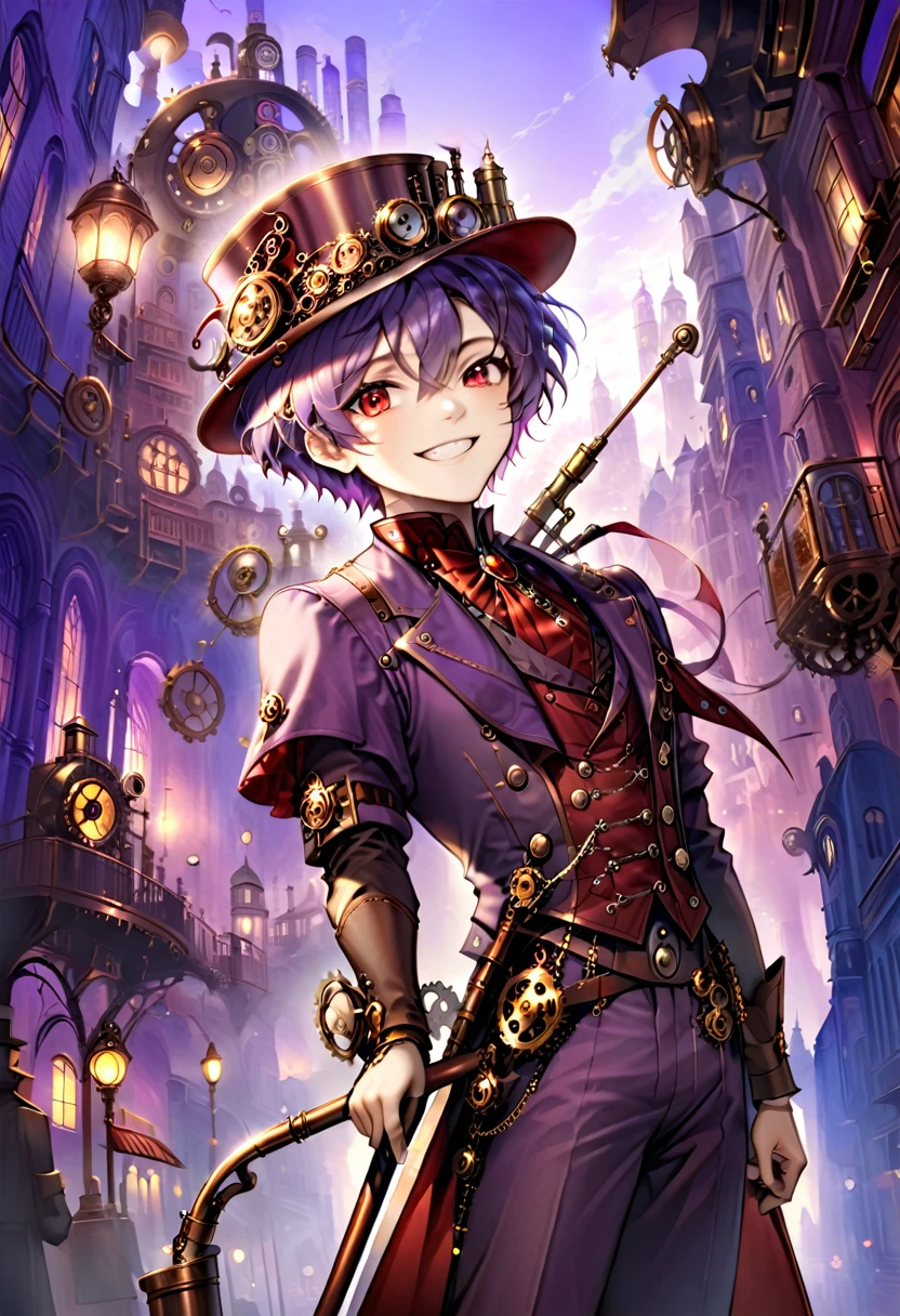 One young boy, red ruby eye, beautiful face like girl, short bob light-purple haircut, in steampunk suit. City background. Hat. Cane. Noble. Devil Smile.