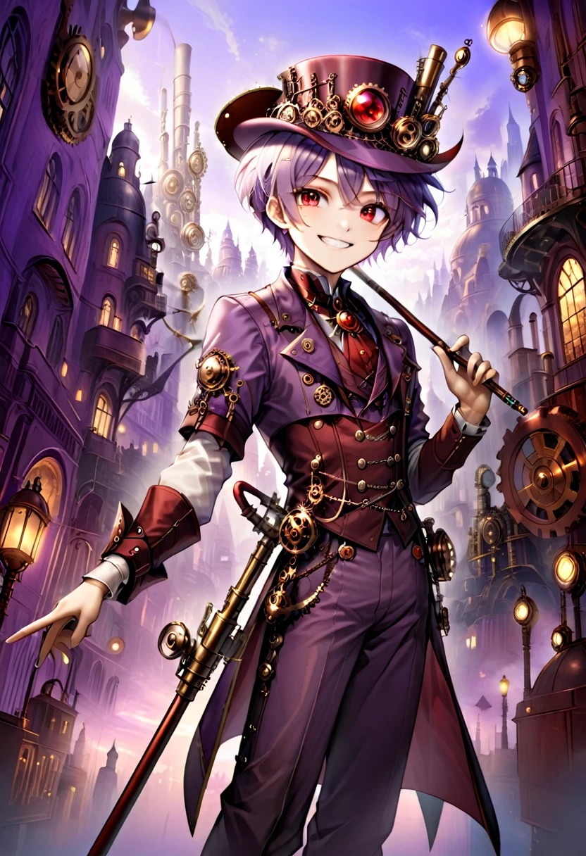 One young boy, red ruby eye, beautiful face like girl, short bob light-purple haircut, in steampunk suit. City background. Hat. Cane. Noble. Devil Smile.