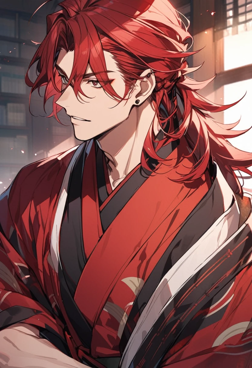 A anime man, mullet hair, red hair, black and red kimono,