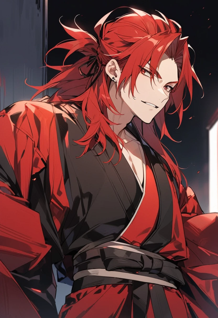 A anime man, mullet hair, red hair, black and red kimono,