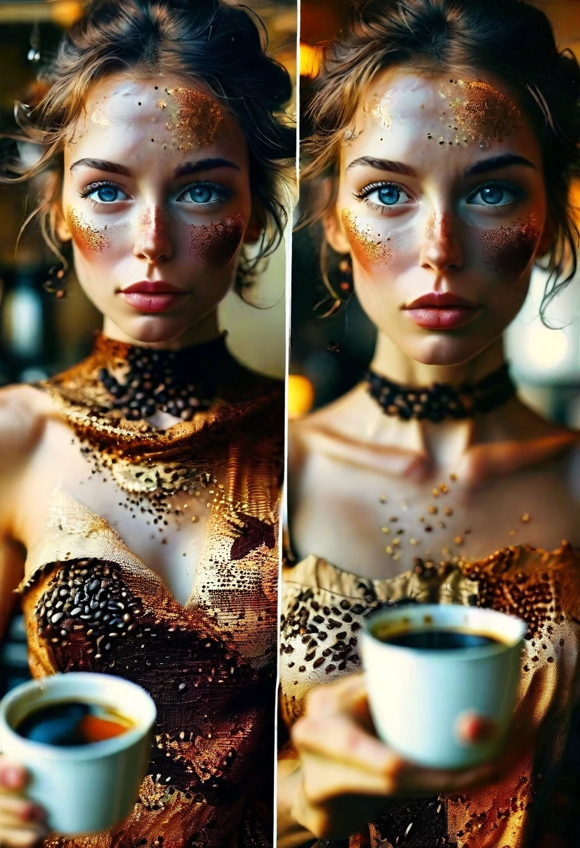 A captivating split-screen photo featuring a woman in the process of transforming from her average appearance into a radiant, sultry coffee genie. On one side, she has her everyday attire, while on the other, she dons a stunning, revealing outfit adorned with coffee bean patterns. Her skin glows with a golden coffee hue, and her eyes shimmer with a caffeinated energy. She holds a steaming cup of coffee in her hand, exuding an irresistible charm that blends the mundane with the magical.