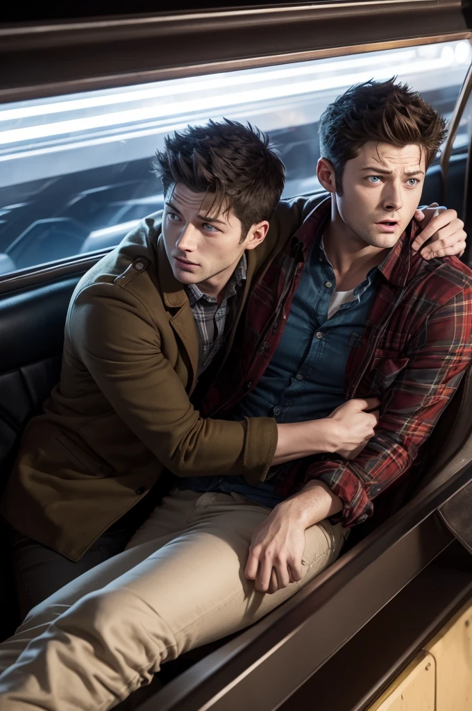 Dean Winchester and Castiel from Supernatural hugging each other on a roller coaster