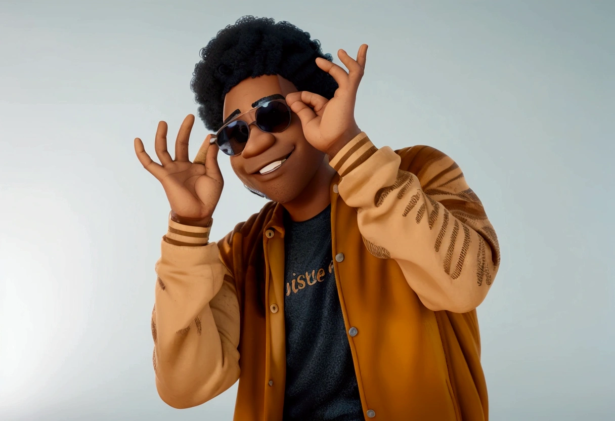 Cartoon character of a black man, curly hair in sunglasses and blue shirt, animation character, stylized character, animation style rendering, 3d stylized, Arnold Maya rendering, Stylized 3D rendering, toon render screenshot, 3d character, 3d character, Stylized 3D rendering, 3D character rendering, cartoon character, Personagem de close up, character posing, (Pixar-style) (master part:1.2) (bokeh) (best qualityer) (skin detailed) (detailed texture) (8k) (Argilla) (cinematic lighting) (sharp focus