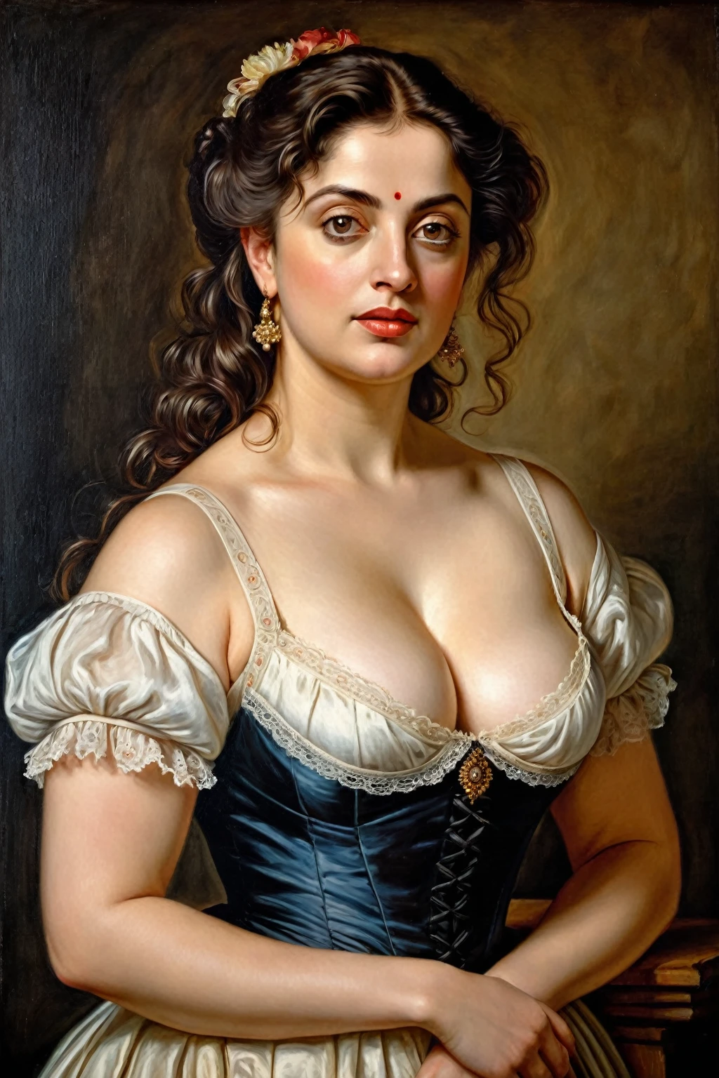 Looks like Sandeepa Dhar, portrait painting of a thick Beautiful middle aged woman, extremely gorgeous, wearing a Victorian Camisole dress or chemise, by Peter Paul Rubens, in Peter Paul Rubens style, by Caravaggio, intricate, flawless, masterpiece, Best quality,