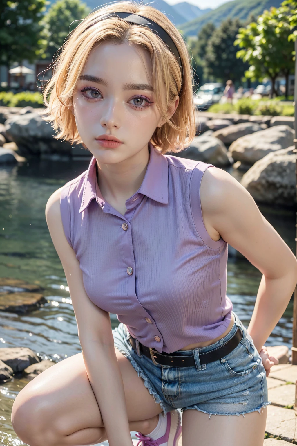 1 woman, grown woman, woman in her 30s, tarankaaa, NOT DASHA TARAN, standing, perfect body, best quality, 32k, photograph, full body (head to toe), tone mapping, ((houjou satoko,short hair,black hairband,blonde hair,violet eyes,hair between eyes,collared shirt,sleeveless shirt,pink shirt,shirt tucked in,small breasts,belt,short shorts,blue shorts,white socks,pink footwear, athletic, big woman)), asian-european, ((golden blonde hair, short hair, purple eyes)) perfectly drawn hands, ((masterpiece)), ((highres)), ((detailed background)), japanese village background, next to a river, (big proportions), cute pose, smiling, ((perfect eyes, detailed eyes, realistic eyes)), ((sharp face, detailed face, realistic face, natural skin, realistic skin, detailed skin, pores)), 