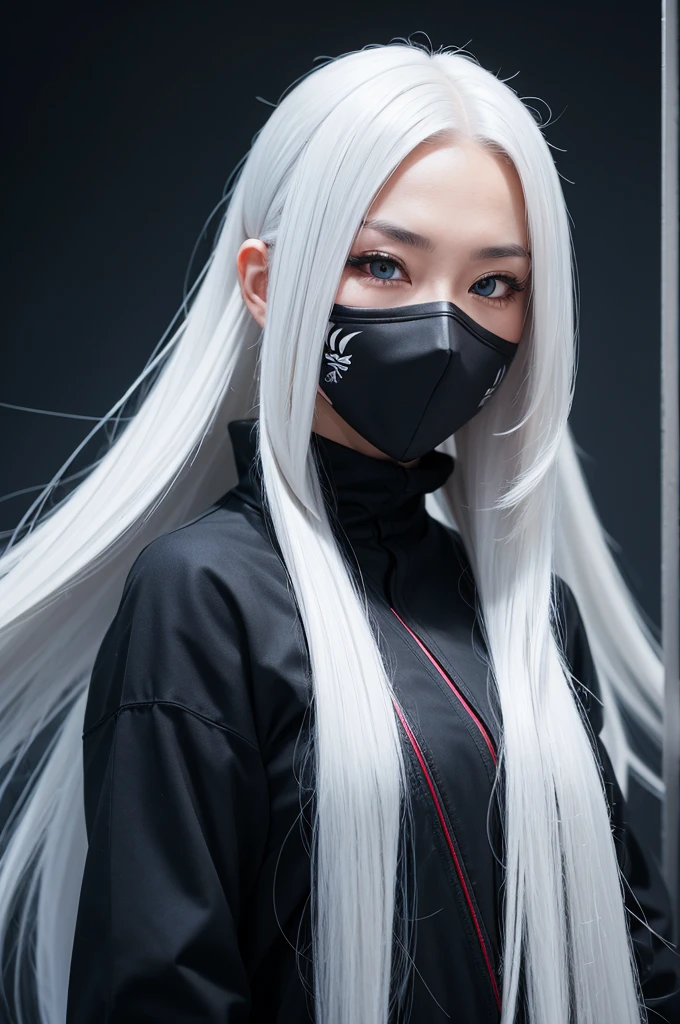 a female ninja with long white hair, eyes with one light eye and the other dark
