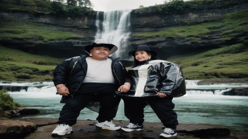 arafed couple standing on a rock in front of a waterfall, standing near a waterfall, waterfalls in the background, standing in front of a waterfall, with a waterfalls, mid shot portrait, by Basuki Abdullah, waterfall in the background, next to a waterfall, standing in a waterfall, couple portrait, couple, waterfall backdrop, with waterfalls, full protrait
