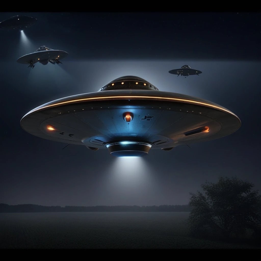 1943, Germany by night, FooFighters Rundflugzug spacecraft UFO , allied forces aircraft are chased by hanebu sky, UAP, 4k, tack sharp, DSLR
