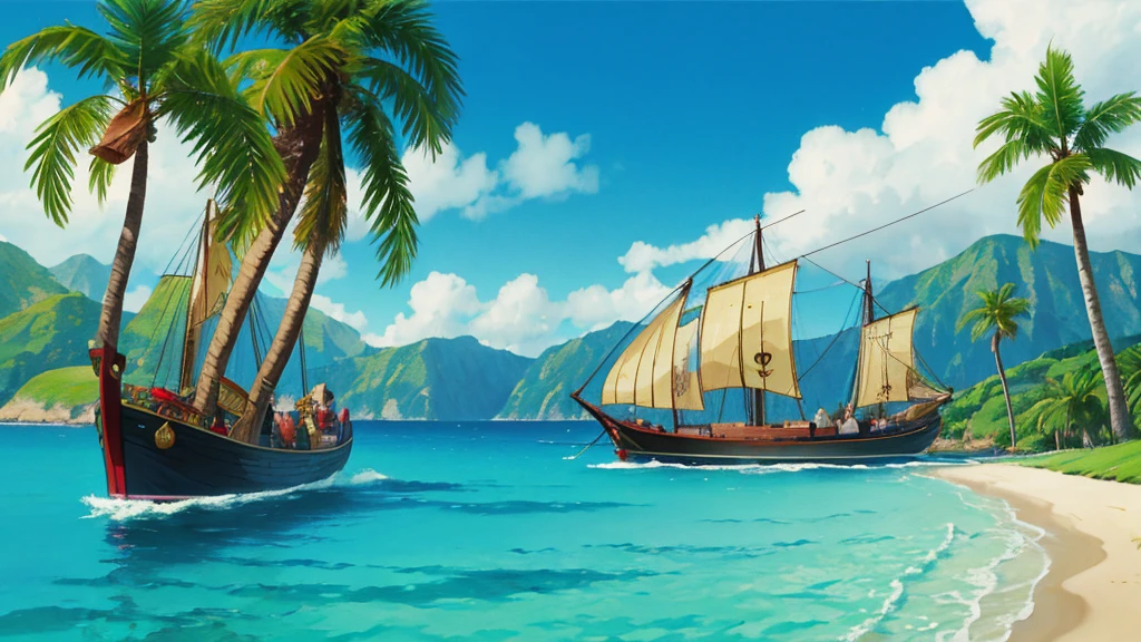 Create a calm image, in the center of the image. The image should be simple and not contain too many details. Depict the colorful and fantastical world of One Piece, with recognizable elements such as straw hat, palm trees, pirate ships, and maybe even a rainbow in the background to add a soothing touch. Make sure the image is harmonious and conveys a peaceful and joyful atmosphere, perfect for a wallpaper. Thank you in advance for your contribution!