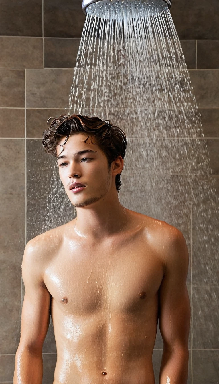 Make an image of the model Francisco Lachowski taking a shower naked