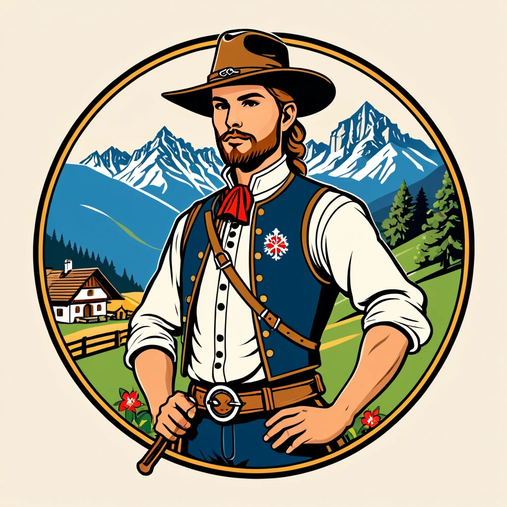 paladin in tirol folk outfit, vector graphics, strong contours, logo design
