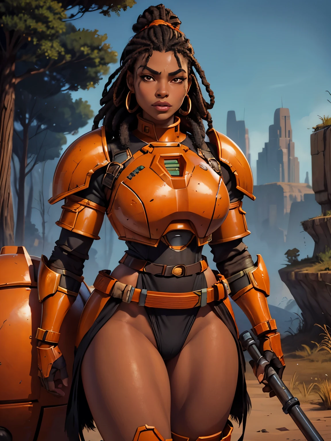 Portrait of African woman with short black dreadlocks pulled back, wearing a (heavy orange power armor, mechanical armor) with large (round orange shoulder pads). a tech undersuit visible between the armor pieces,  highly textured. (Fur loincloth, fur belt,  fur hips). Bare thighs,  bare legs. Badlands background with dead trees