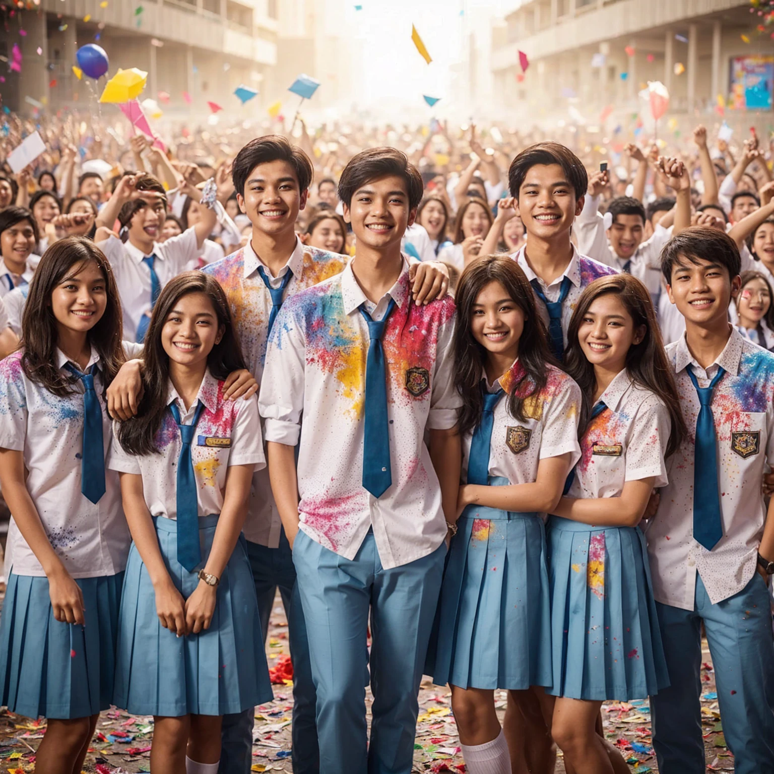 a group of 20 year old Indonesian youths standing next to each other, consisting of 8 people; 4 women long haired and 4 men short haired, wearing high school uniforms; white shirt, tie, light blue trousers, colorful splash uniforms, they are celebrating school graduation, they are happy and laughing, thousands of students celebrating graduation in the background, colorful paper fireworks and colorful splash effects add to the festivity, UHD 4K.