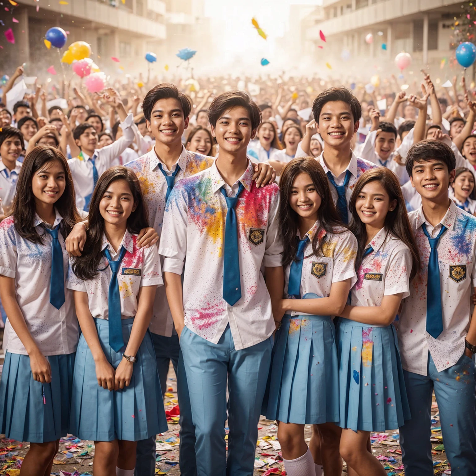 a group of 20 year old Indonesian youths standing next to each other, consisting of 8 people; 4 women long haired and 4 men short haired, wearing high school uniforms; white shirt, tie, light blue trousers, colorful splash uniforms, they are celebrating school graduation, they are happy and laughing, thousands of students celebrating graduation in the background, colorful paper fireworks and colorful splash effects add to the festivity, UHD 4K.