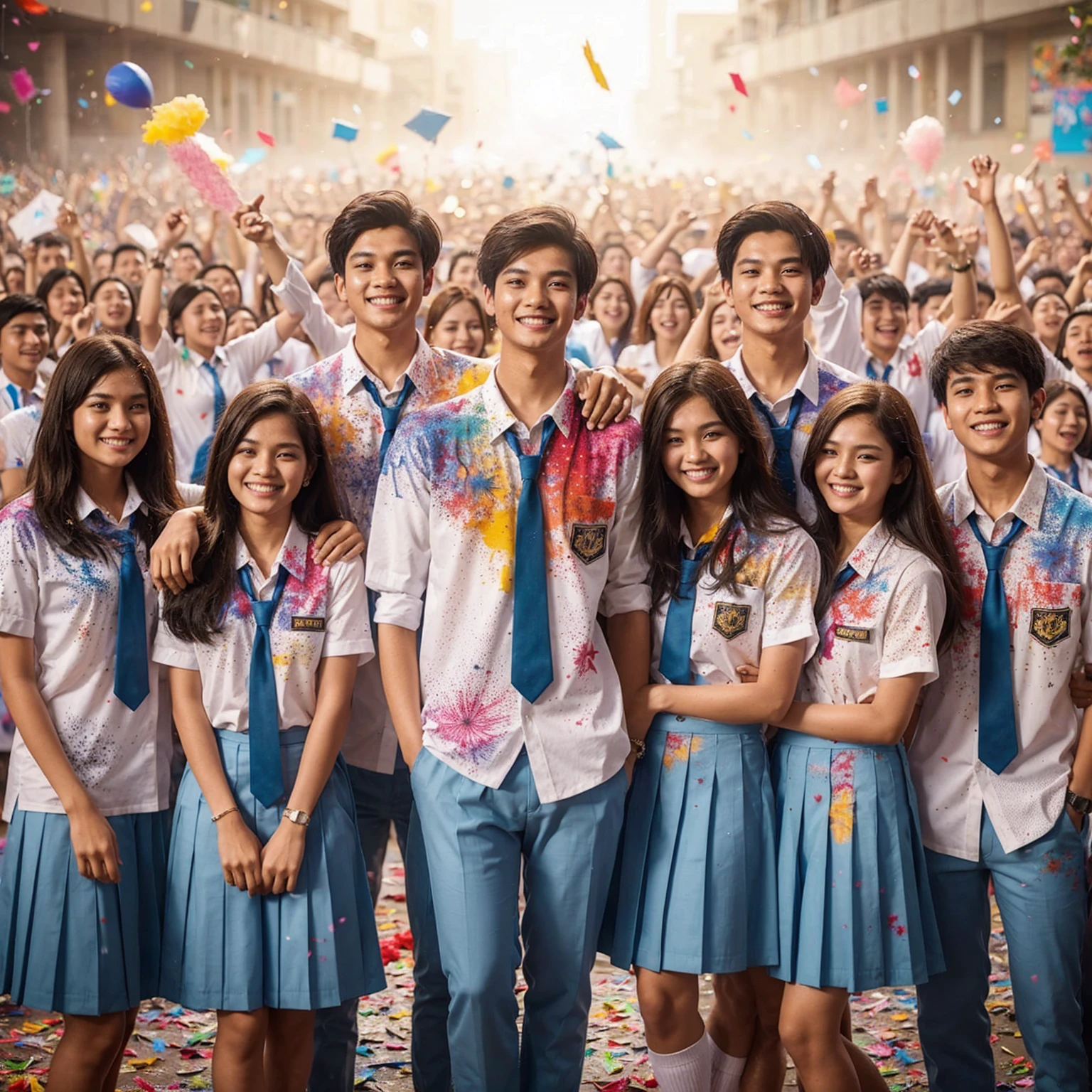 a group of 20 year old Indonesian youths standing next to each other, consisting of 8 people; 4 women long haired and 4 men short haired, wearing high school uniforms; white shirt, tie, light blue trousers, colorful splash uniforms, they are celebrating school graduation, they are happy and laughing, thousands of students celebrating graduation in the background, colorful paper fireworks and colorful splash effects add to the festivity, UHD 4K.