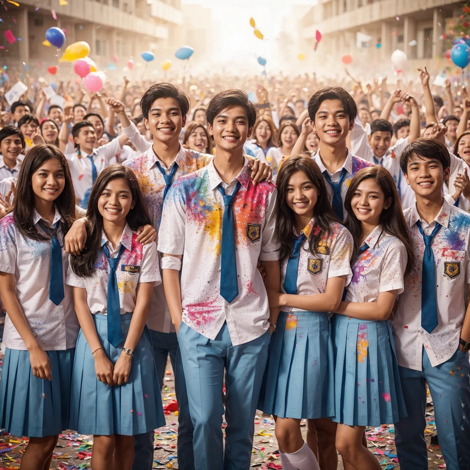 a group of 20 year old Indonesian youths standing next to each other, consisting of 8 people; 4 women long haired and 4 men short haired, wearing high school uniforms; white shirt, tie, light blue trousers, colorful splash uniforms, they are celebrating school graduation, they are happy and laughing, thousands of students celebrating graduation in the background, colorful paper fireworks and colorful splash effects add to the festivity, UHD 4K.