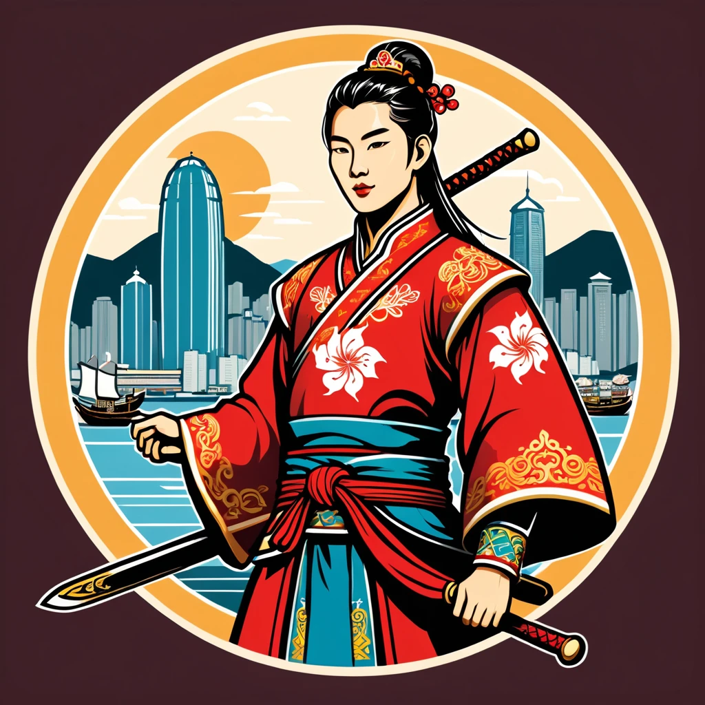 paladin in hong kong folk outfit, vector graphics, strong contours, logo design