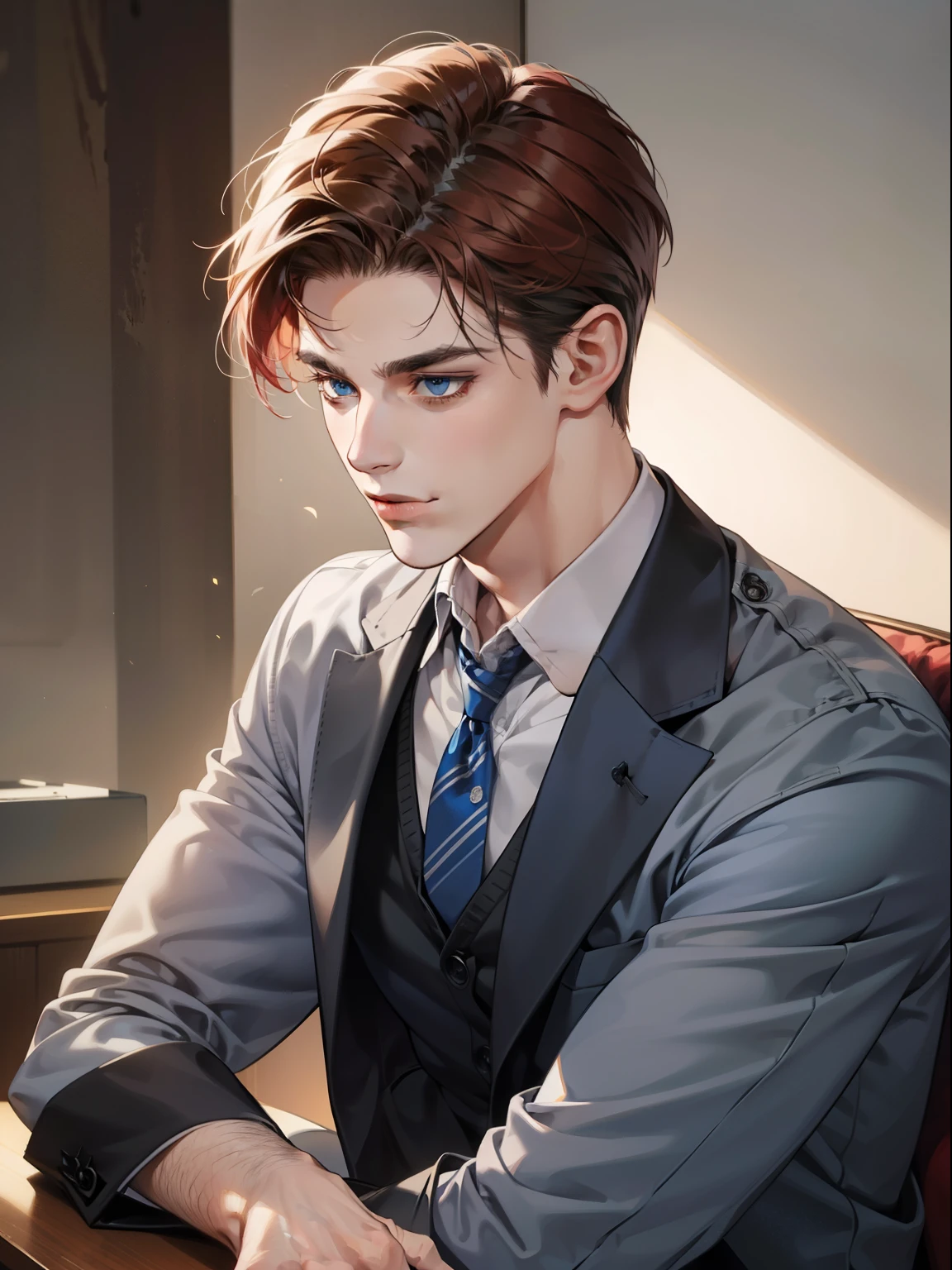 masterpiece, best quality, realistic, 1man, mature male, quiet and charming  man, 25 year old, serious look, closed mouth, portrait, extremely detailed face, cold smile in love, ((dark grey blue eyes)), ((short-right-swept dark Red hair)), [thick eyebrows], ((suit)), handsome, full body, western, Jewish, light brown skin,