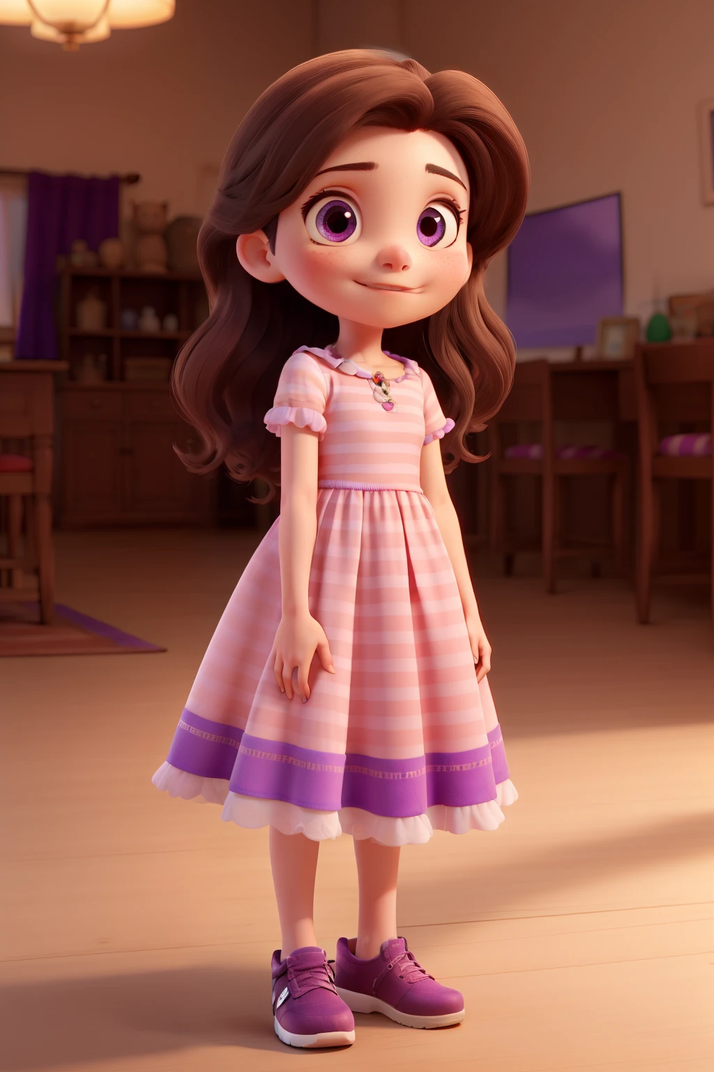 long straight brown hair brown eyes pink and purple striped dress