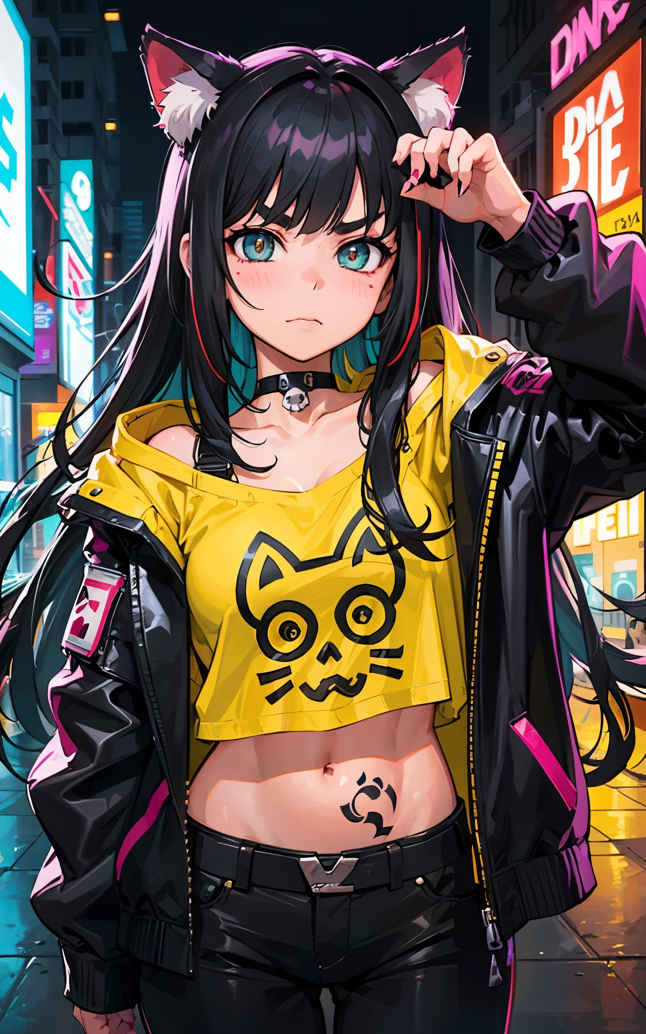 (Evangeline Lilly) Digital illustration featuring a anthropomorphic feline+paws+claw+tail with a striking appearance set against a vibrant, neon-lit urban background. She has human face and black hair with a prominent white streak, styled in a modern. She has yellow eyes. Her skin is fair with a strong complexion, and she has distinct facial features including sharp eyebrows, amber-colored eyes. She wears cat ears on her head, adding a playful yet fierce element to her look. Her attire includes a black choker and a black jacket. A noticeable tattoo of a skull with a gear design is visible on her upper arm. The background is filled with colorful, blurred neon signs in various shapes and sizes, contributing to the cyberpunk aesthetic of the image.