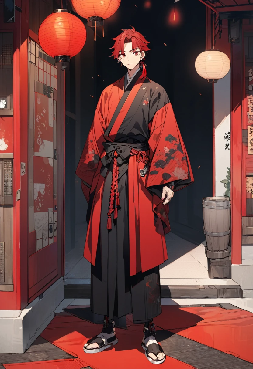 A anime man, black short mullet hair, red hair, black and red kimono, standing, full body