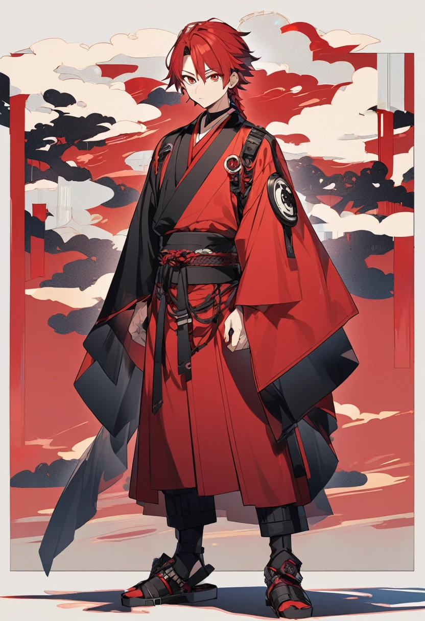 A anime man, black short mullet hair, red hair, black and red kimono, standing, full body