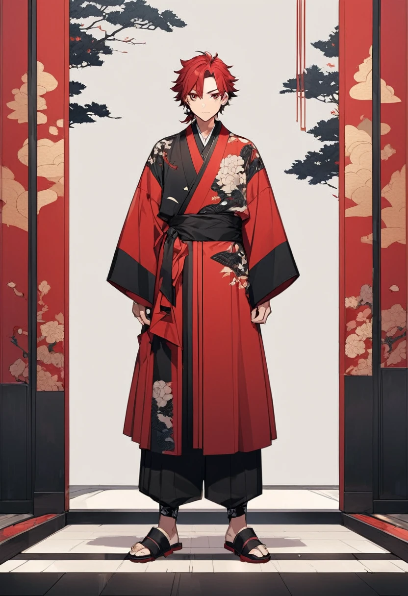 A anime man, black short mullet hair, red hair, black and red kimono, standing, full body