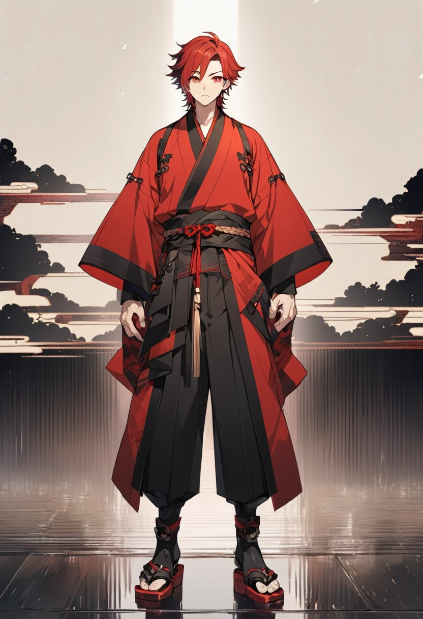 A anime man, black short mullet hair, red hair, black and red kimono, standing, full body