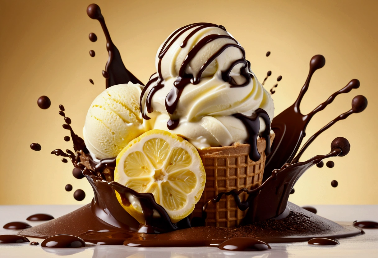 a picture of a lemon and banana flavor ice cream, yogurt and chocolate splashing in the elegant cream color background like in a commercial, everything in focus

