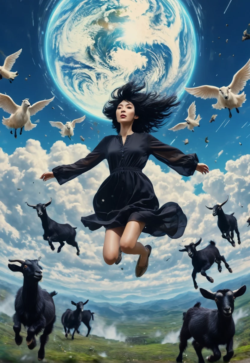 Short woman with giant black hair floating above the earth, 8k, psychedelia, rain of angels falling from the sky, black goats running, cinematographic, 真实感