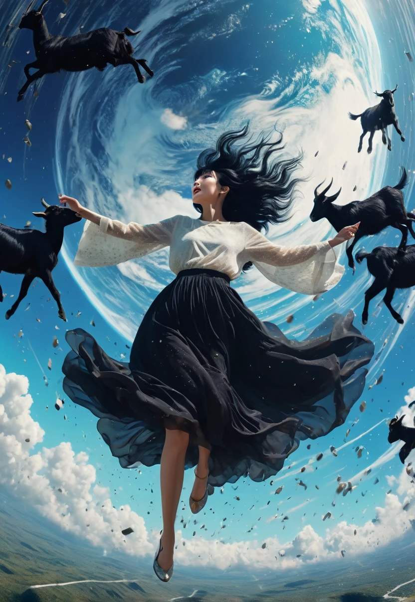 Short woman with giant black hair floating above the earth, 8k, psychedelia, rain of angels falling from the sky, black goats running, cinematographic, 真实感 