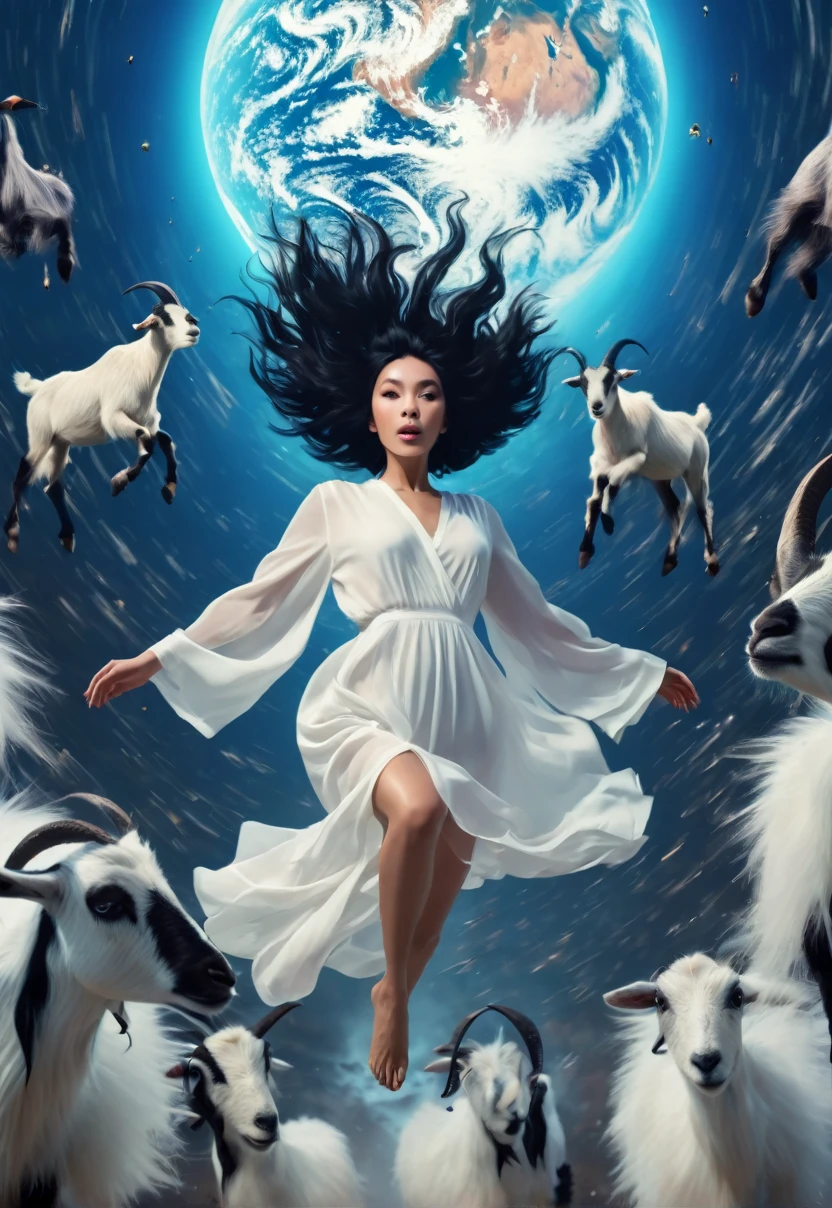 Short woman with giant black hair floating above the earth, 8k, psychedelia, rain of angels falling from the sky, black goats running, cinematographic, 真实感 
